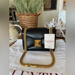 Valentino Garavani One Stud Nappa Bag with Chain Crossbody - (Black Lambskin)